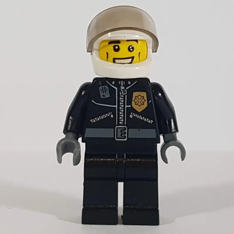 Policeman, Black Jacket with Zipper, Radio, Badge, and 'POLICE' on Back, White Helmet with Visor, Open Mouth