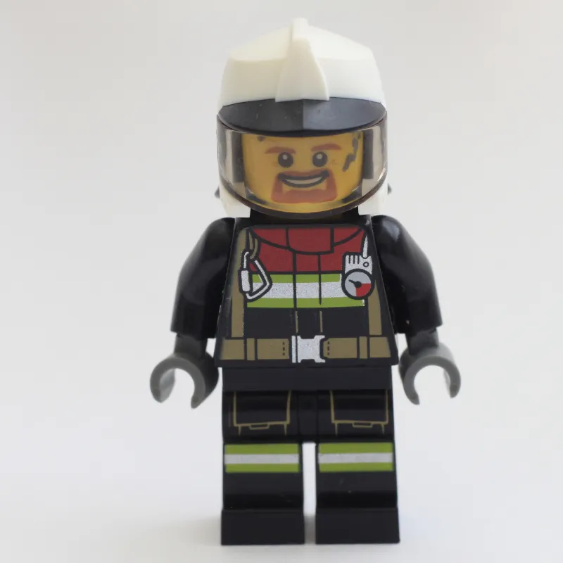 Fireman, Black Firesuit, White Helmet with Black Peak and Neck Protector with Visor