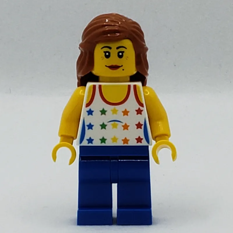 Woman, Tank Top with Rainbow Colored Stars, Blue Legs, Dark Orange Hair