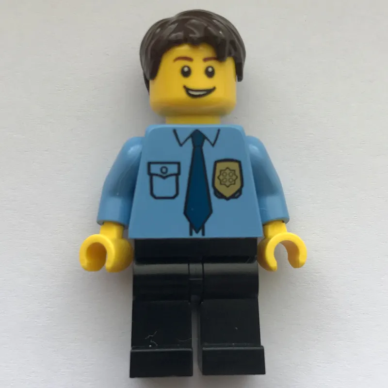 Policeman, Medium Blue Shirt with Badge and Tie, Black Legs, Dark Brown Hair