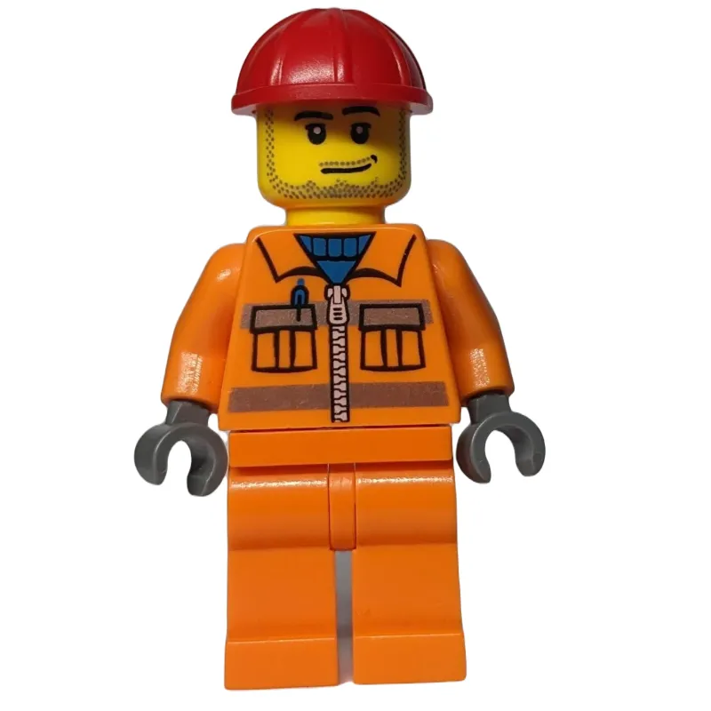 Construction Worker in Orange Jacket with Zipper and Reflective Stripes, Red Helmet, Smirk and Stubble Beard