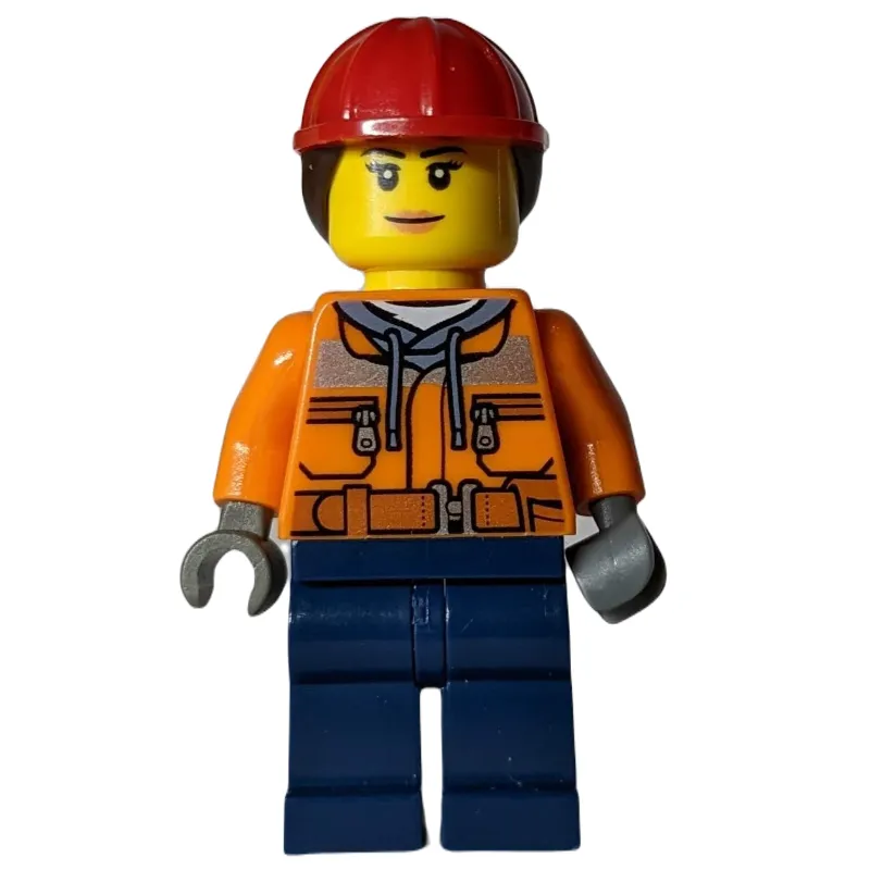 Construction Worker, Woman, Safety Jacket over Hoodie with Belt, Dark Blue Legs, Red Hard Hat with Hair