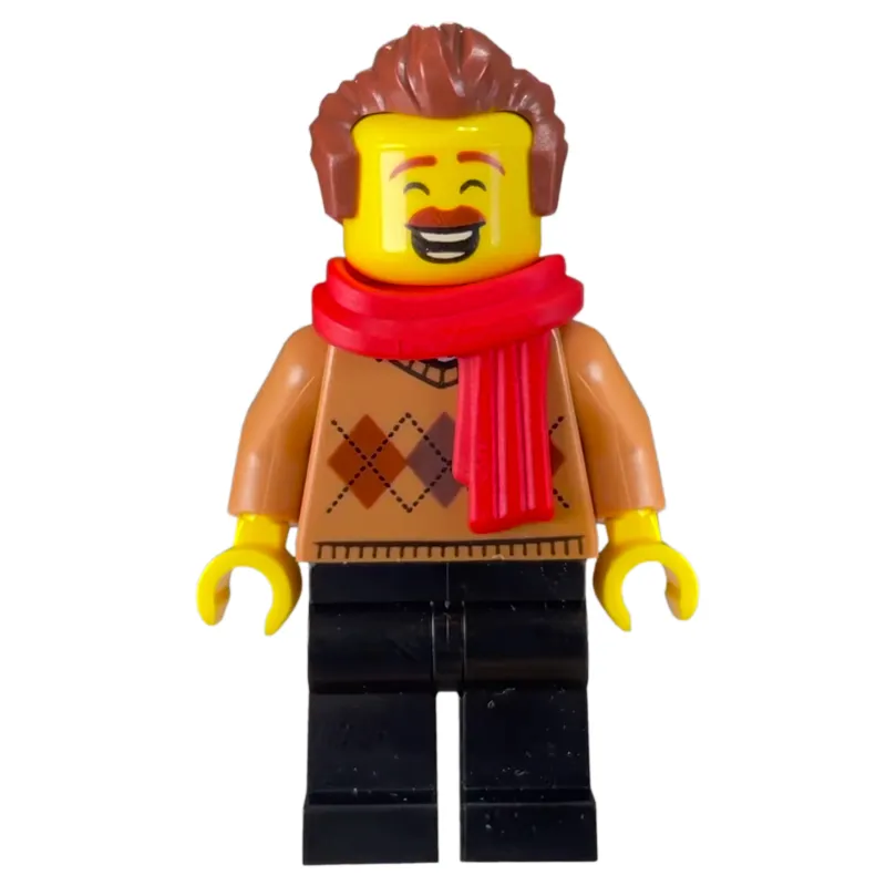 Man, Medium Nougat Sweater, Red Scarf