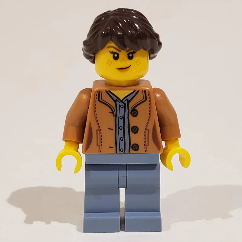 Woman, Medium Nougat Jacket, Sand Blue Legs, Dark Brown Hair