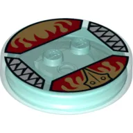 Function Brick Round 4 x 4 x 2/3 with 2 Studs and Gold Chima Eagle Symbol and Red Fire Print