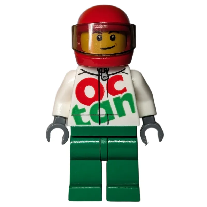 Racer, White and Green Jumpsuit with Large 'Octan', Red Helmet with Visor