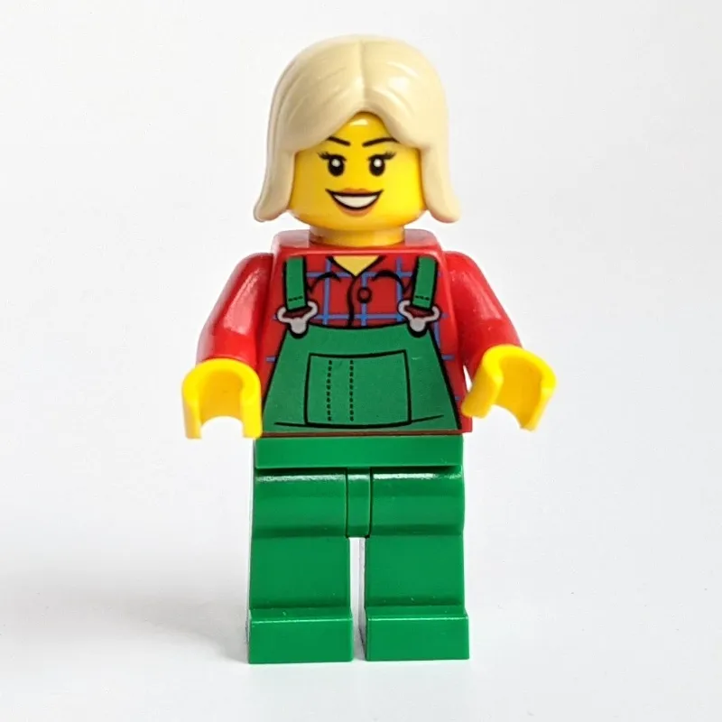 Woman, Green Overalls over Red Paid Shirt, Tan Hair