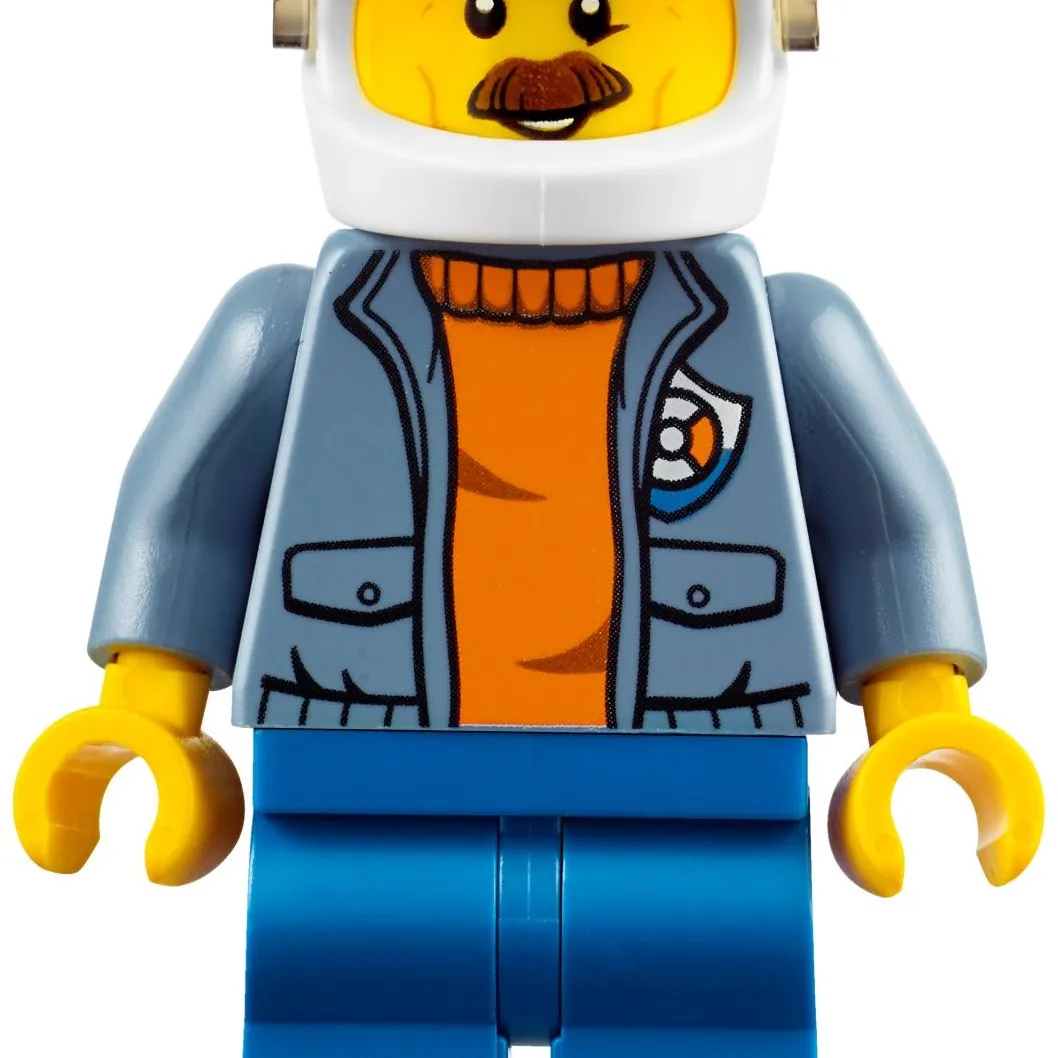 Coast Guard, Open Sand Blue Jacket with Badge over Orange Sweater, White Helmet with Visor, Moustache