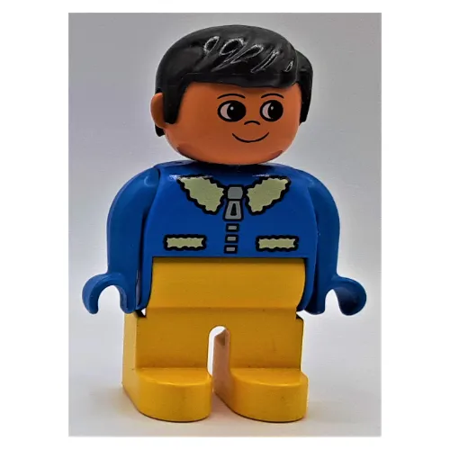 Duplo Figure, Early, with Short Parted Hair Black, Yellow Legs, Jacket with Zipper and Fur Collar Print