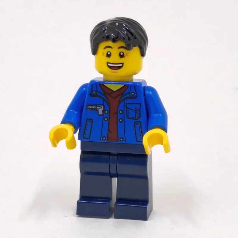 Man, Open Blue Jacket over Dark Red Shirt, Dark Blue Legs, Black Hair