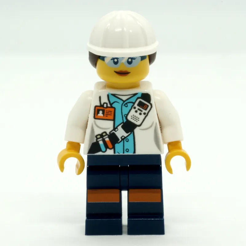 Miner, Woman, Open White Jacket with Shoulder Belt and ID Badge, White Hard Hat with Hair, Safety Glasses