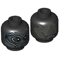 Minifig Head Black Panther, Armor, Reddish Brown Around Eyes, Pearl Titanium Lines Print