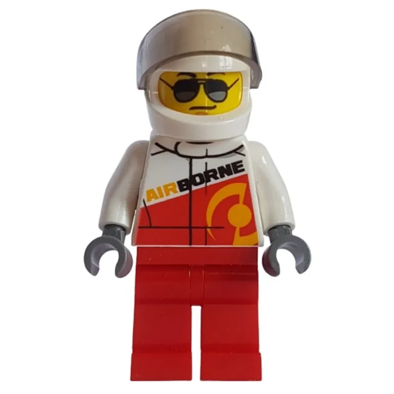 Racer, Red and White Jumpsuit with 'AIRBORNE', White Helmet with Visor, Sunglasses
