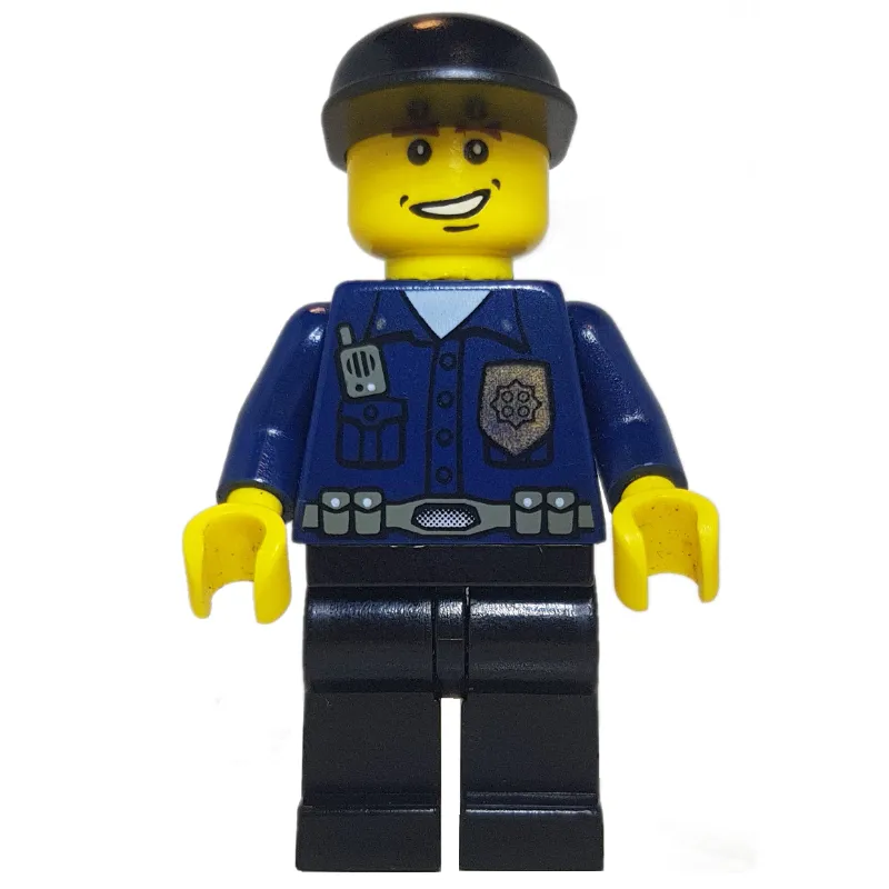 Policeman, Dark Blue Shirt with Radio and Badge, Black Legs, Black Cap, Smile