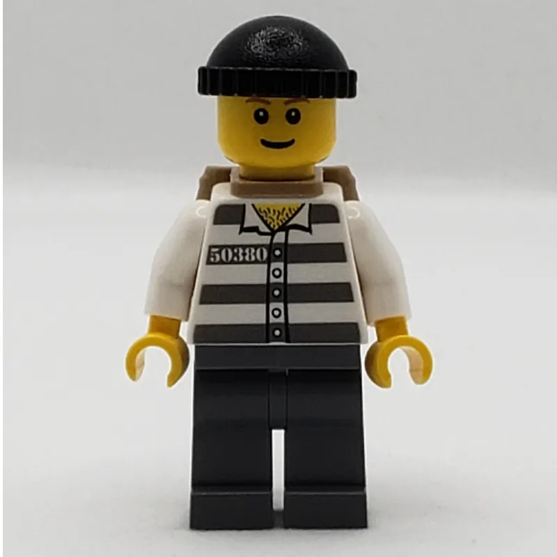 Criminal, Prison Shirt with #50380, Dark Bluish Gray Legs, Black Hat and Dark Tan Back Pack (3626bpr0387 Head)