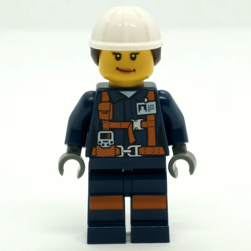 Miner, Woman, Dark Blue Jacket with Straps and ID Badge, White Hard Hat with Hair