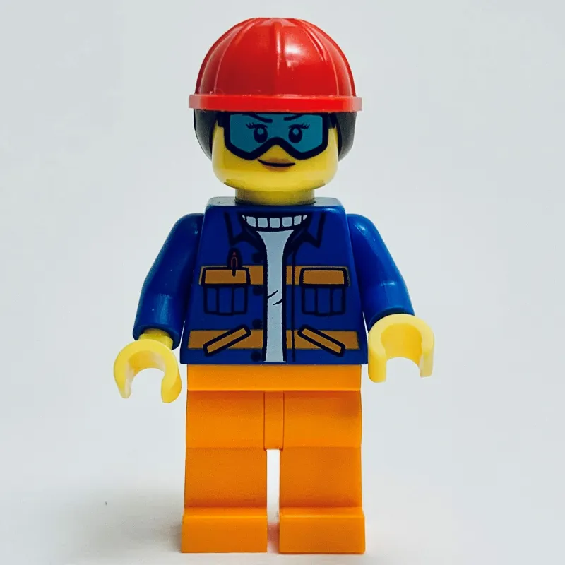 Construciton Worker, Blue Jacket, Orange Legs, Red Hard Hat with Dark Brown Hair 