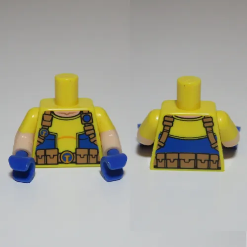 Torso, Dual Molded Arms, Shirt with Blue Pockets, Straps, Utility Belt, Belt Buckle Print, Yellow Sleeves Pattern, Light Nougat Arms, Blue Hands
