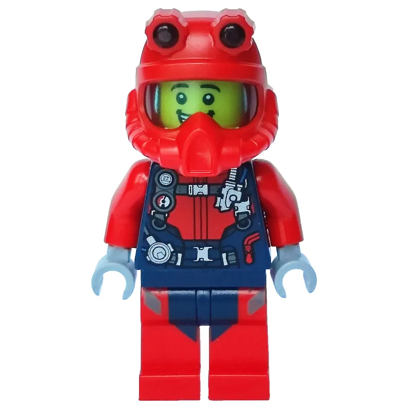 Diver, Man, Red and Dark Blue Wetsuit with Straps and Gauges, Red Diving Helmet, Airtanks