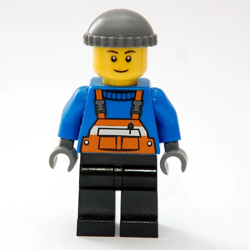 Man, Orange Overalls over Blue Sweater, Black Legs, Dark Bluish Gray Hat, Brown Eyebrows