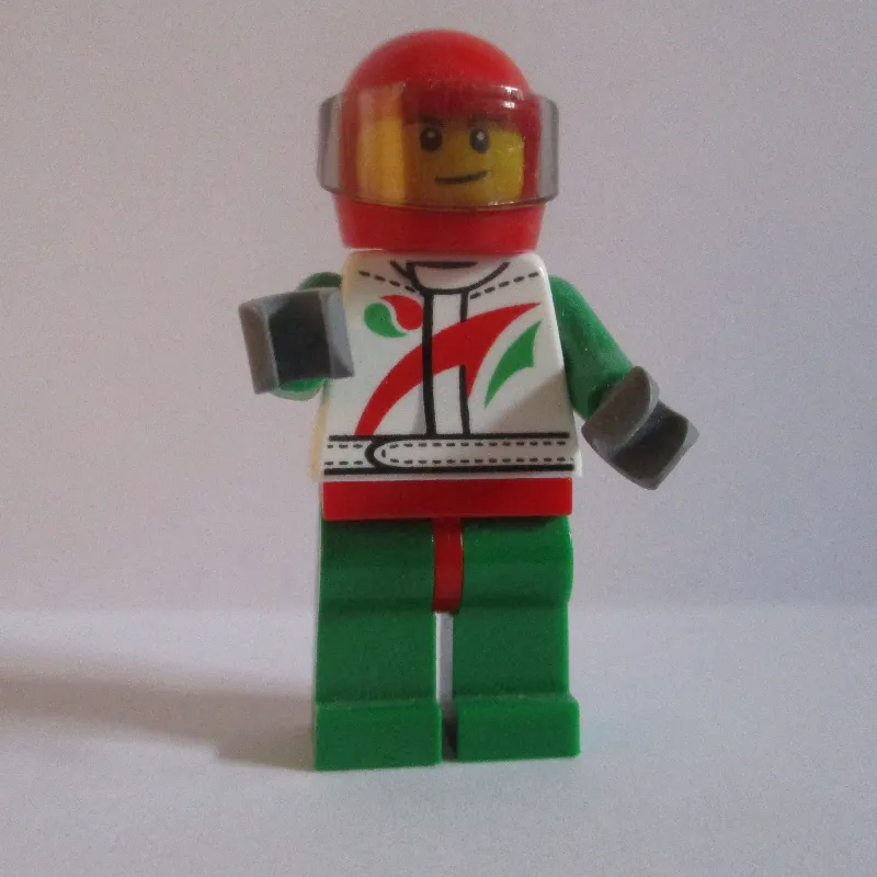 Racer, White, Green, and Red Jumpsuit, Red Helmet with Visor