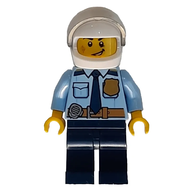 Policeman, Bright Light Blue Shirt with Dark Blue Tie, Badge, and Radio on Belt, White Helmet with Visor, Scar