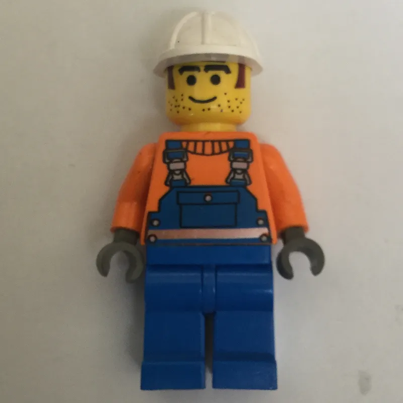 Construction Worker, Blue Overalls over Orange Sweater, White Hard Hat, Printed Hair and Stubble