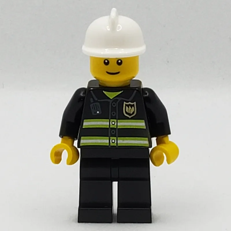 Fireman, Black Fire Jacket with Radio and Badge, White Helmet, Reddish Brown Eyebrows (3626b Head)