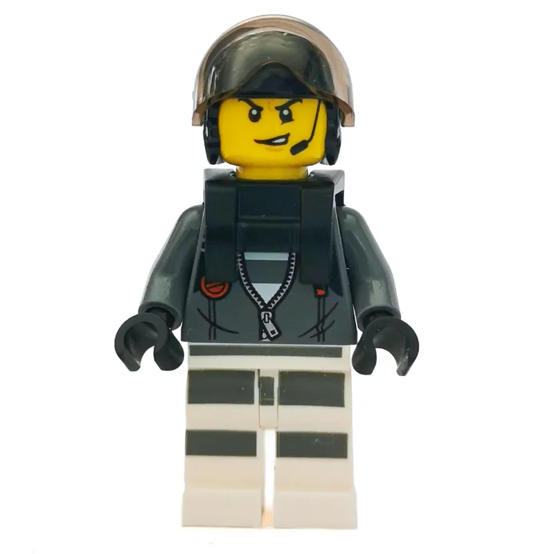 Criminal, Open Dark Bluish Gray Jacket with Zipper over Prison Shirt, Black Helmet with Visor, Neck Bracket, Headset