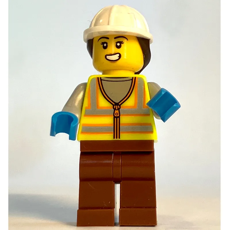 Harbor Worker, Vibrant Yellow Safety Vest, Reddish Brown Legs, White Helmet with Ponytail, Orange Life Vest
