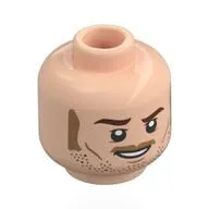 Minifig Head Owen Grady, Reddish Brown Eyebrows, Dark Tan Stubbled Beard, Sideburns, Mustache, Smile / Closed Mouth