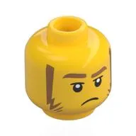 Minifig Head, Medium Nougat Eyebrows, Sideburns, Annoyed / Black Sunglasses with Orange Lenses, Mean Grin