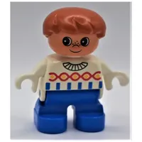 Duplo Figure, Early Child, Hair Swept Left Dark Orange, Blue Legs, Blue Stripes and Red Twist on Sweater Print