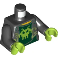 Torso Open Jacket over Dark Green Shirt with Lime Pixelated Alien Print, Black Arms, Lime Hands