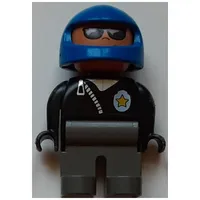 Duplo Figure, Early, Helmet Blue, Dark Gray Legs, Sunglasses, Diagonal Zippered Jacket and Police Badge Print