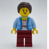 Woman, Bright Light Blue Cardigan, Dark Red Legs