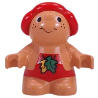 Duplo Figure Little Forest Friend, Male, Red Overalls with Green and Yellow Leaf Print (Baby Jelly Strawberry)