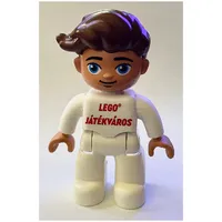 Duplo Figure with Hair Swept Right Reddish Brown, with White Legs, 'LEGO Játékváros' / LEGO Logo Print