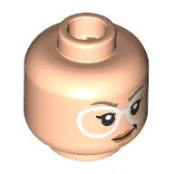 Minifig Head Stephanie "Stef" Steinbrenner, White Glasses, Dark Tan Eyebrows, Smirk / Bright Pink Bubble Gum