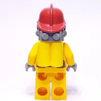 Fireman, Bright Light Orange Fire Suit, Dark Red Helmet, Breathing Apparatus, Airtanks, Sweat Drops