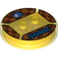 Function Brick Round 4 x 4 x 2/3 with 2 Studs and Blue Sonic Head and 'SONIC' on Checkerboard Background print