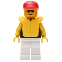 Man, Black Torso, White Legs, Red Cap, Yellow Life Vest, Sunglasses