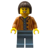 Woman, Medium Nougat Jacket, Sand Blue Legs, Dark Brown Hair