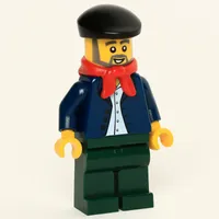 Man, Open Dark Blue Jacket, Dark Green Legs, Red Scarf, Black Beret, Beard