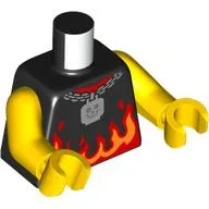 Torso, Shirt with Red/Orange Flames, Chain Necklace, Skull Pendant print, Yellow Arms and Hands