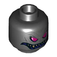 Minifig Head Overlord, Dual Sided, Magenta Eyes, Purple Grin with Sharp Teeth, Gold Vertebra on Back Print [Hollow Stud]