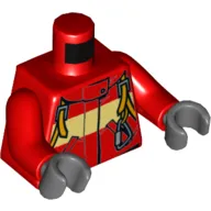 Torso Fire Suit with Stripe and Harness with Carabiner Print, Red Arms, Dark Bluish Gray Hands