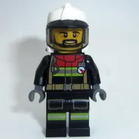 Fireman, Black Firesuit, White Helmet with Black Peak and Neck Protector with Visor