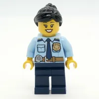 Police Officer, Bright Light Blue Shirt with Police Badge, Dark Blue Legs, Reddish Brown Ponytail