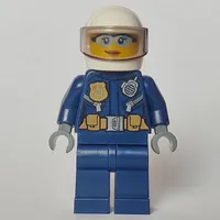 Policewoman, Dark Blue Jacket with Radio, Badge, and Belt with Pouches, White Helmet with Visor, Light Blue Sunglasses